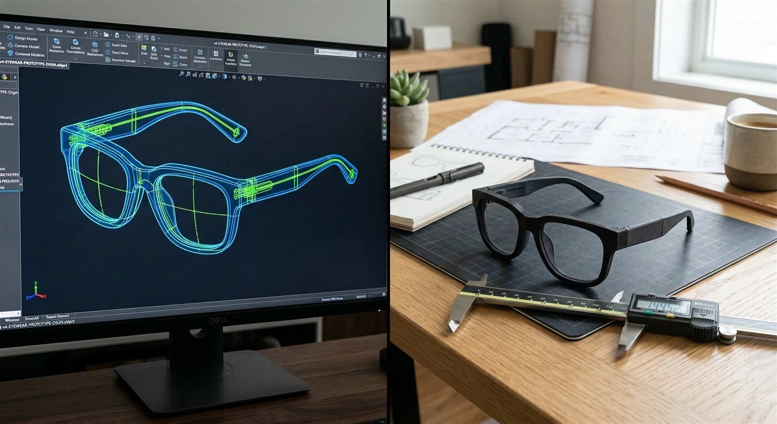 Custom 3D printed glasses prototyping transitioning from CAD software to a physical B2B eyewear sample. Custom 3D printed glasses prototyping transitioning from CAD software to a physical B2B eyewear sample.